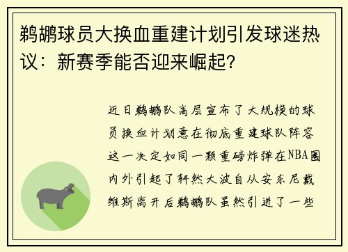 鹈鹕球员大换血重建计划引发球迷热议：新赛季能否迎来崛起？